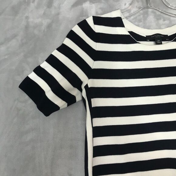 Ann Taylor Petite Dress Womens SP Blue Cream Stripe Knit Short Sleeve Crew Neck - Picture 3 of 7
